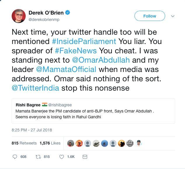 TMC Rajya Sabha MP Derek O'Brien Threatens Common Citizens on Twitter